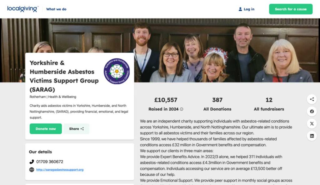 Yorkshire & Humberside Asbestos Victims Support Group (SARAG) on localgiving fundraising page
