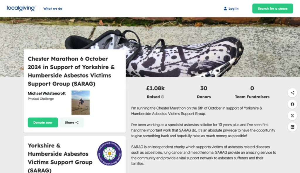 Chester Marathon Fundraising - Yorkshire & Humberside Asbestos Victims Support Group (SARAG) on localgiving